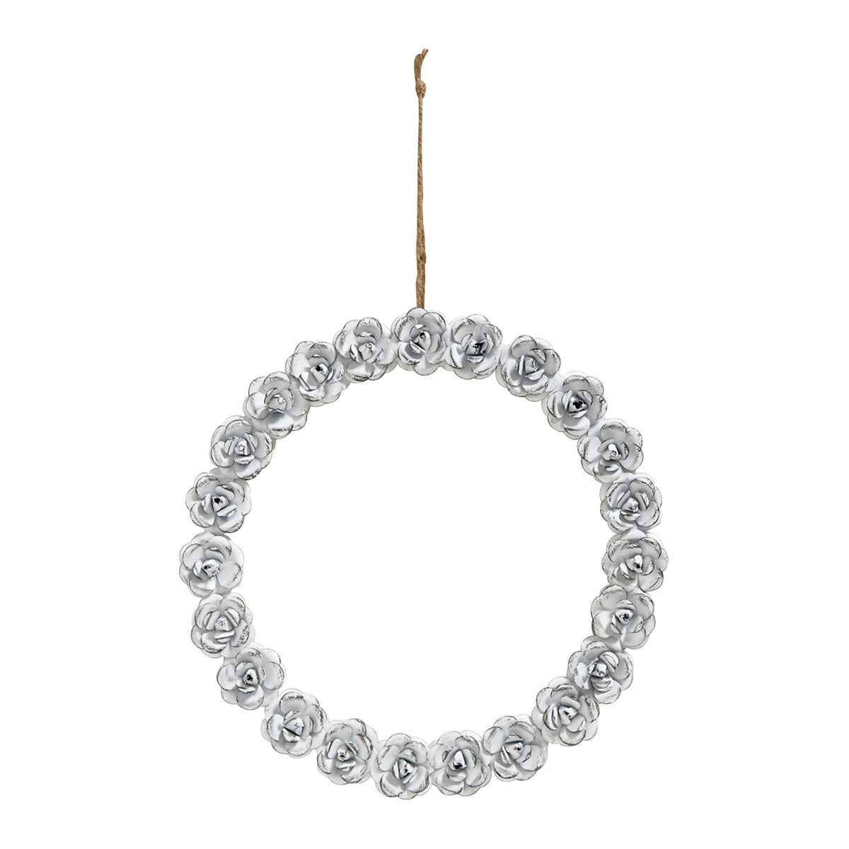 corona decorativa de rosas blancas de metal