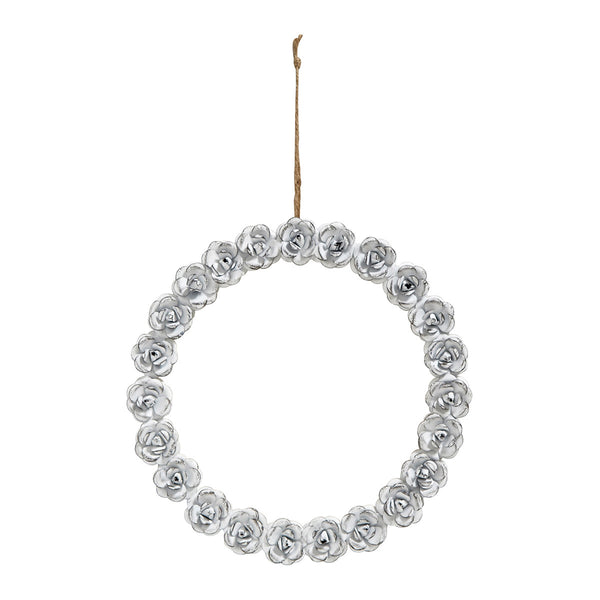 corona decorativa de rosas blancas de metal