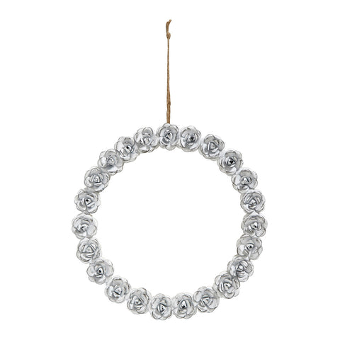 corona decorativa de rosas blancas de metal