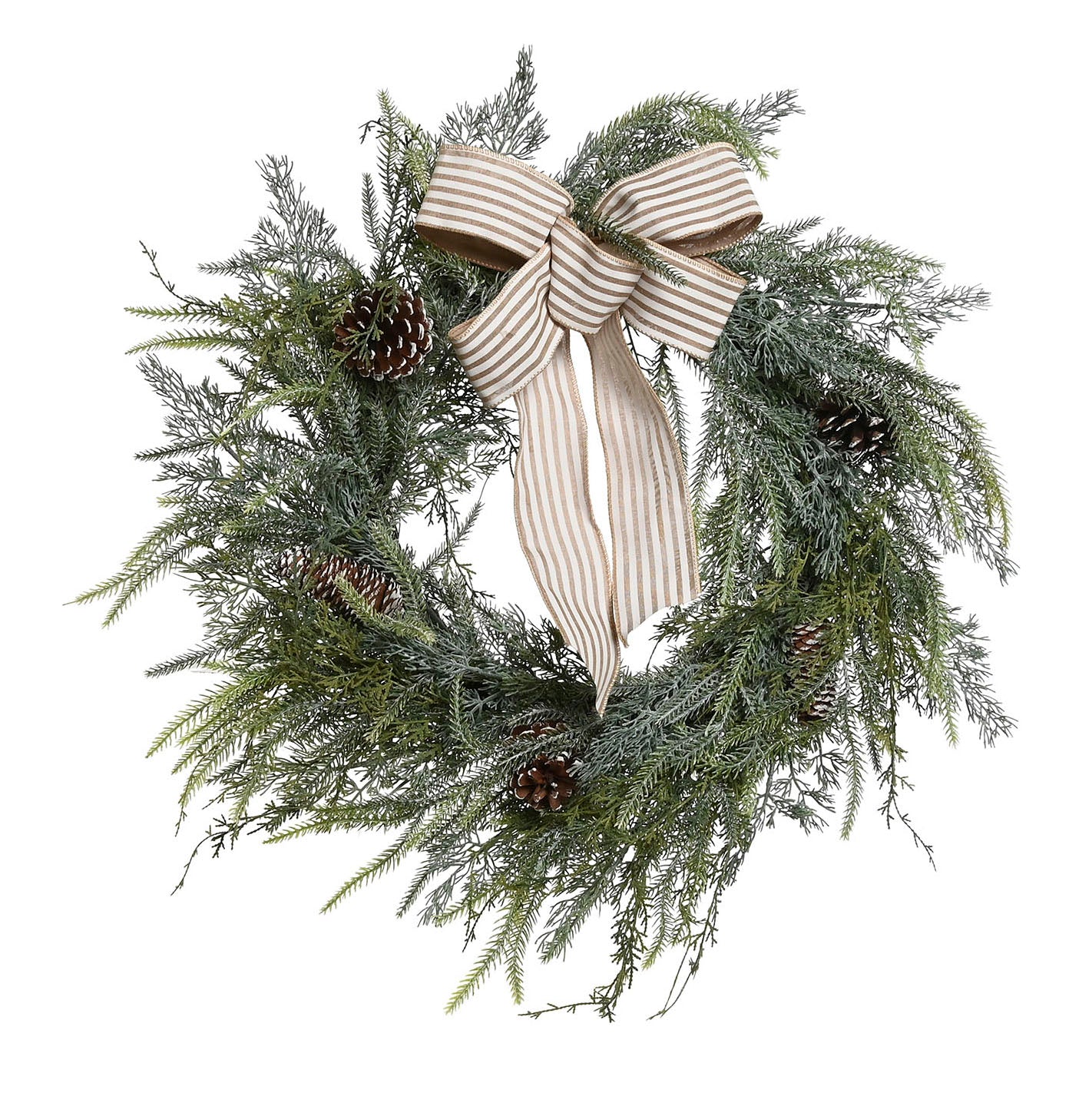 corona navideña de ramas verdes con lazo a rayas y piñas