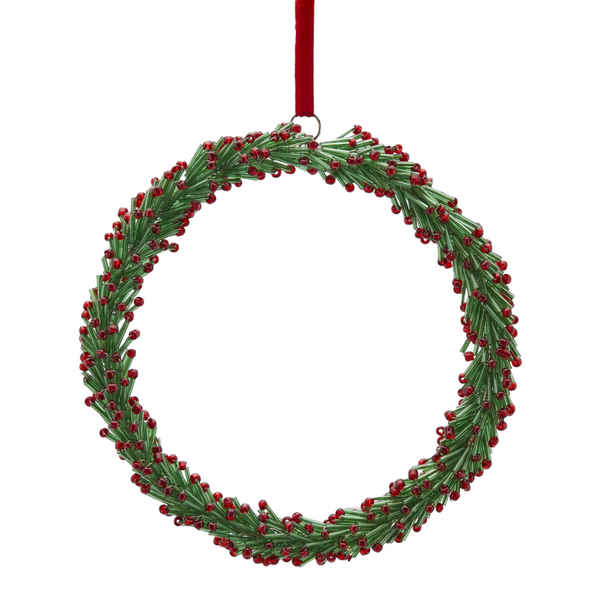 Corona navideña con cuentas de cristal rojas y verdes