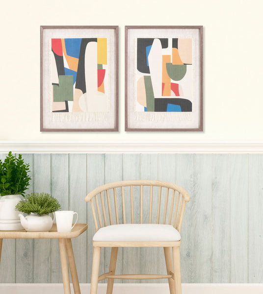 Composición de dos cuadros abstractos modernos en pared de salón
