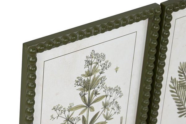 Detalle del marco de madera verde oliva con textura de cuentas en cuadro decorativo botánico