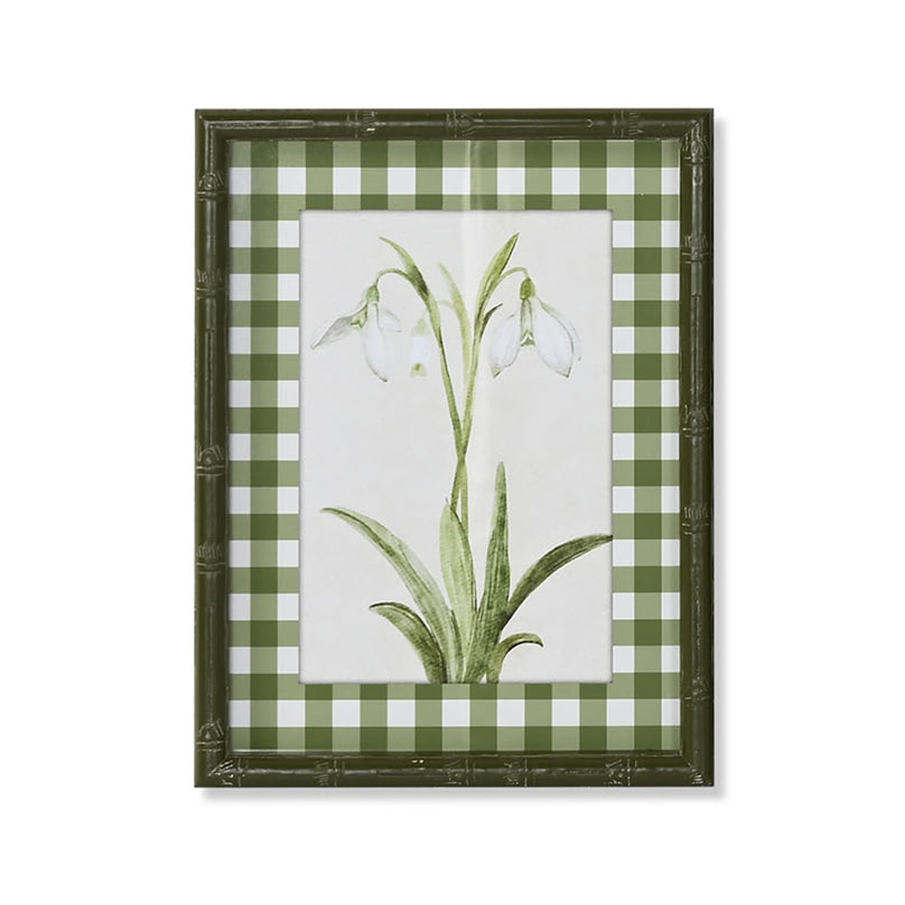 Cuadro con campanillas y marco vichy verde – decoración floral vintage Brocantia