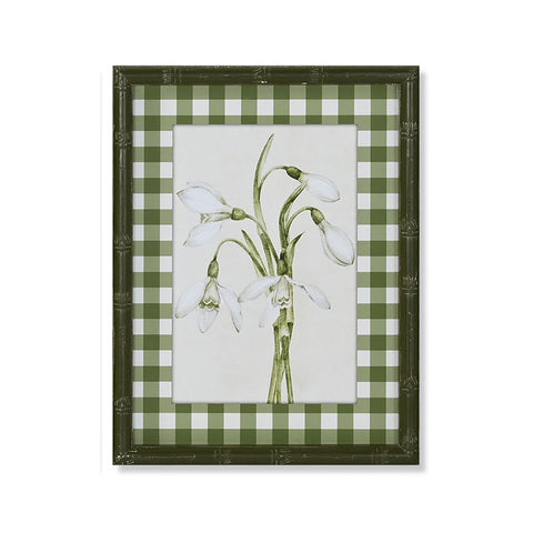 Cuadro decorativo con ilustración botánica de campanillas y marco verde vichy - Brocantia