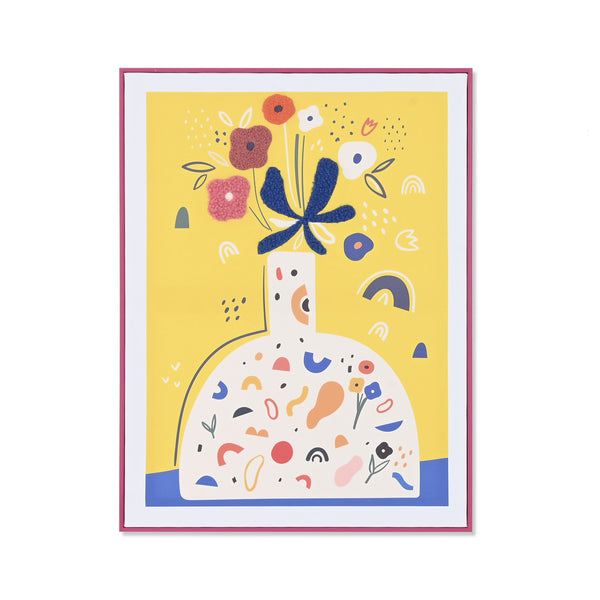 Cuadro decorativo moderno con jarrón blanco y fondo amarillo enmarcado en rosa