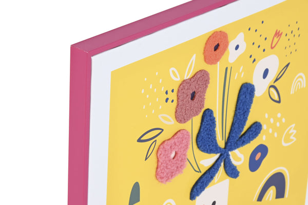 Detalle flores con textura en cuadro floral contemporáneo fondo amarillo