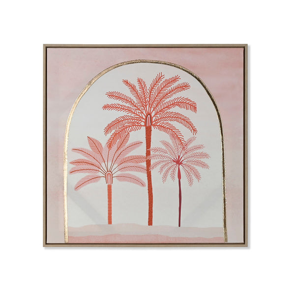 Cuadro de palmeras en tonos rosa sobre lienzo con marco de madera de 60 x 60 cm.