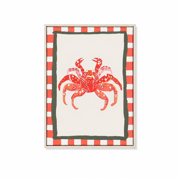 Cuadro decorativo de cangrejo marino en tonos coral con marco de madera y borde de rayas estilo náutico.