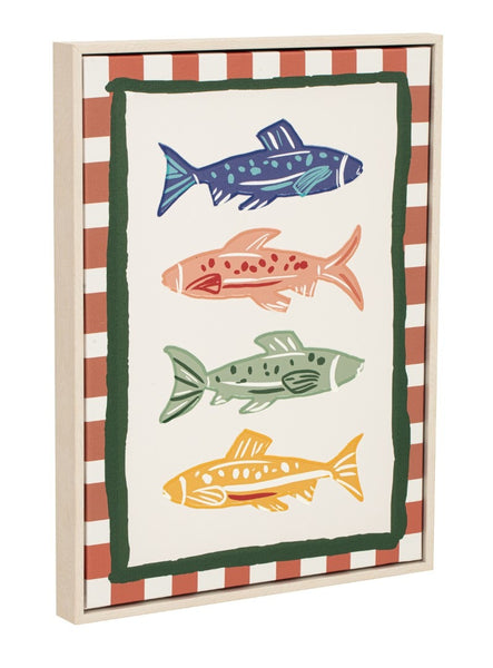 Vista lateral de cuadro artístico de peces para decoración costera y mediterránea.