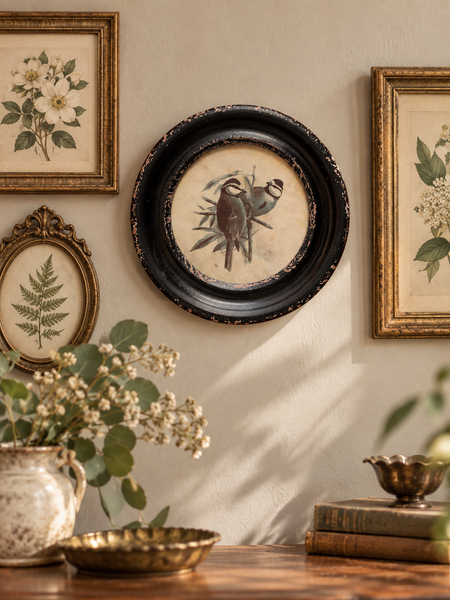 Composición de pared con cuadro redondo Pájaros Carboneros y láminas botánicas.