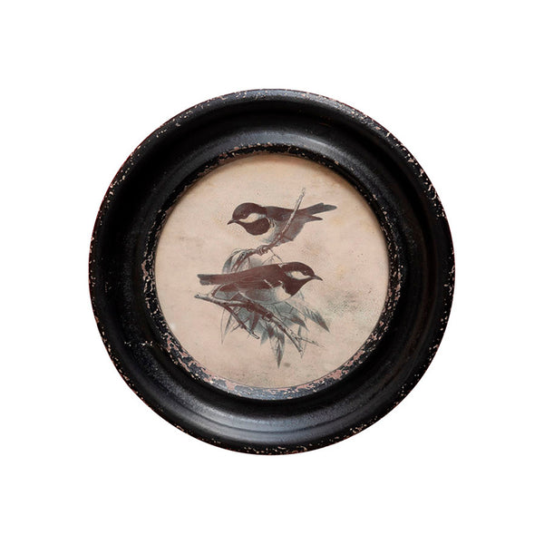 Cuadro redondo Pájaros Pico Largo con ilustración de dos aves y marco negro envejecido.