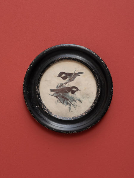 Cuadro redondo vintage de pájaros Pico Largo sobre pared roja con marco negro desgastado.