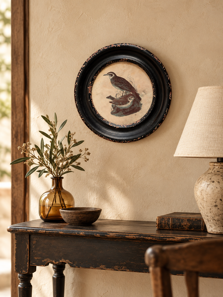 Cuadro redondo Pájaros Pico Largo de 25 cm sobre pared beige en ambiente cálido y clásico.