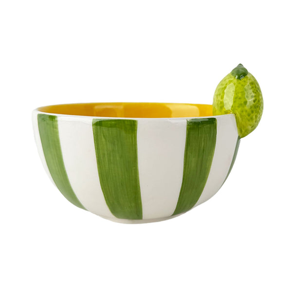 Bol de cerámica con rayas verdes y lima decorativa
