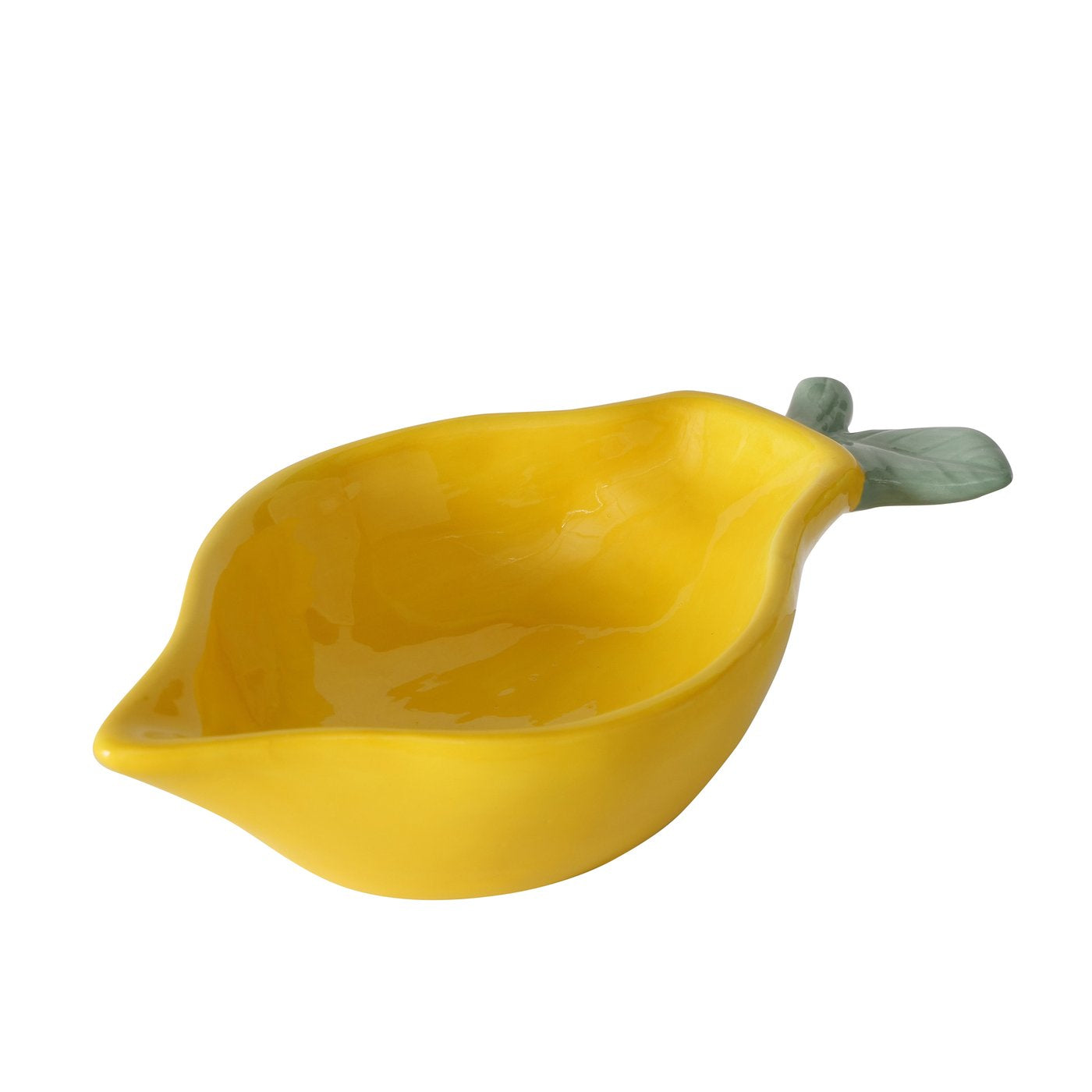 cuenco de cerámica con forma de limón y hoja verde decorativa