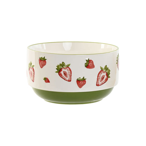 Ensaladera de cerámica con diseño de fresas pintadas a mano y base verde, ideal para ensaladas frescas o frutas