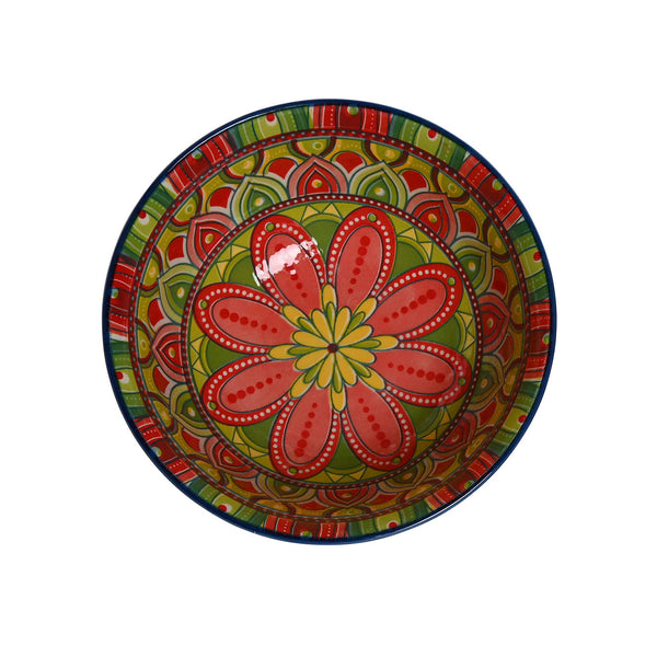 Vista superior de ensaladera cerámica azul con mandala rojo, verde y amarillo en el interior – Brocantia Oviedo.