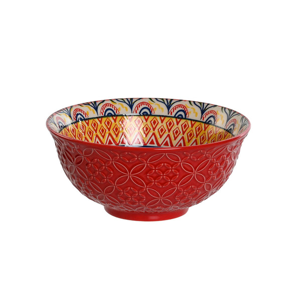 ensaladera individual de cerámica roja con relieve floral y decoración mandala vista lateral – Brocantia Oviedo