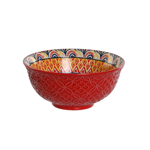 ensaladera individual de cerámica roja con relieve floral y decoración mandala vista lateral – Brocantia Oviedo