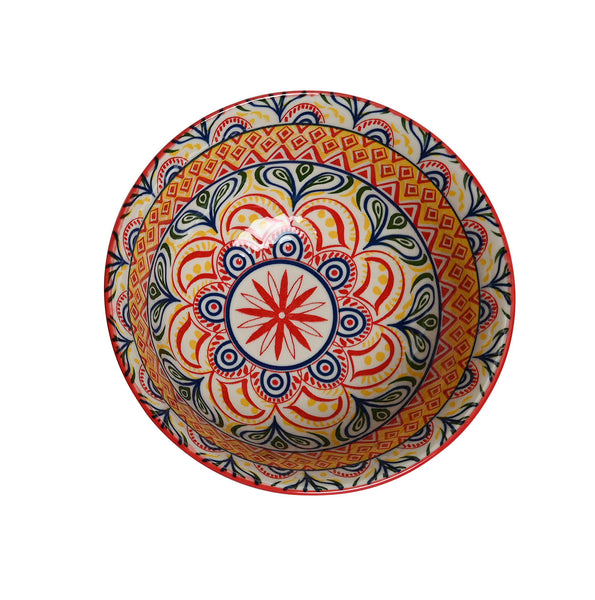 vista superior de bol de cerámica rojo decorado con mandala floral colorido – Brocantia tienda online