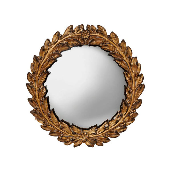 Espejo redondo convexo pequeño con marco de hojas doradas