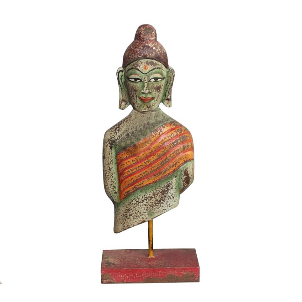 figura decorativa buda madera mango y base metal oxidado verde – brocantia decoración étnica