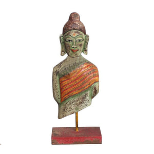 figura decorativa buda madera mango y base metal oxidado verde – brocantia decoración étnica