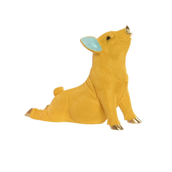 Figura decorativa de cerdito amarillo en postura de yoga