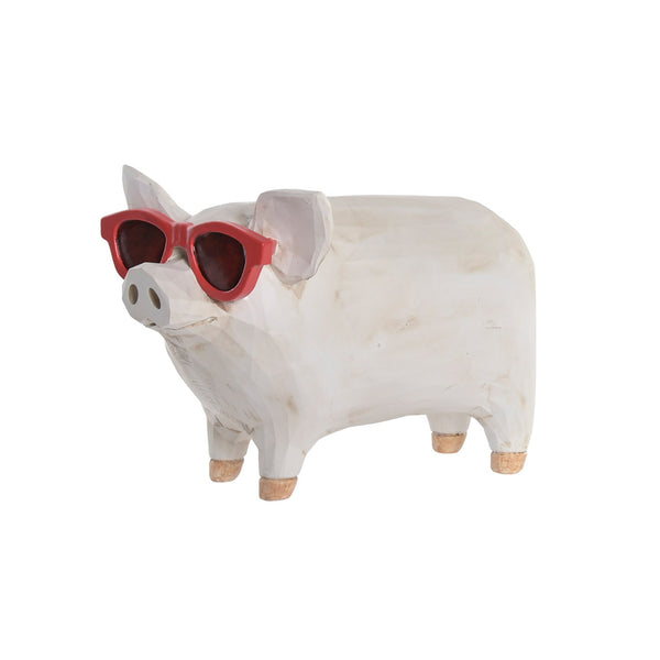 Figura de cerdo blanco de resina con gafas de sol rojas vista de frente