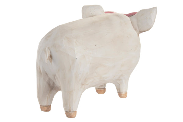 Figura decorativa de cerdo blanco con gafas rojas vista desde la parte trasera