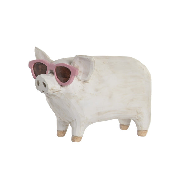 Figura decorativa de cerdo de resina con gafas rosas.