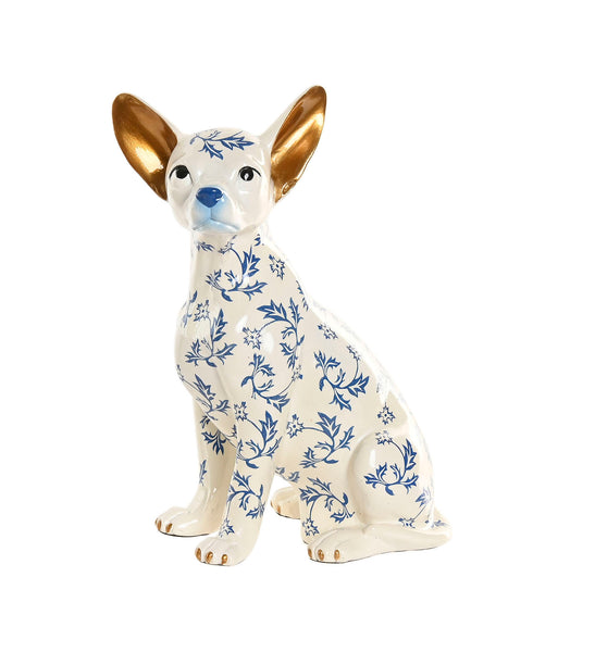 figura perro decorativa resina estilo porcelana azul