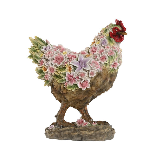 Figura decorativa de gallina con flores en relieve