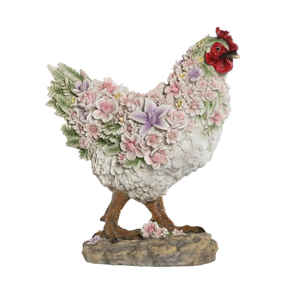 Figura decorativa de gallina blanca con flores pastel