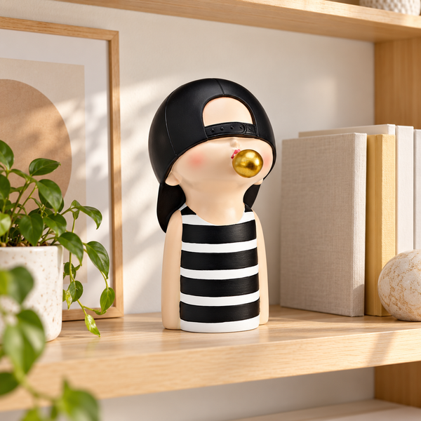 Figura decorativa niño con chicle colocada en estantería de madera junto a libros y plantas.