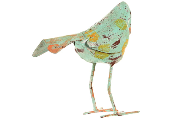 Vista trasera de pájaro decorativo de metal pintado en color turquesa.