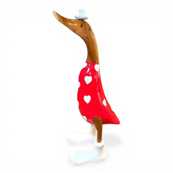 figura decorativa pato madera teca reciclada vestido rojo corazones