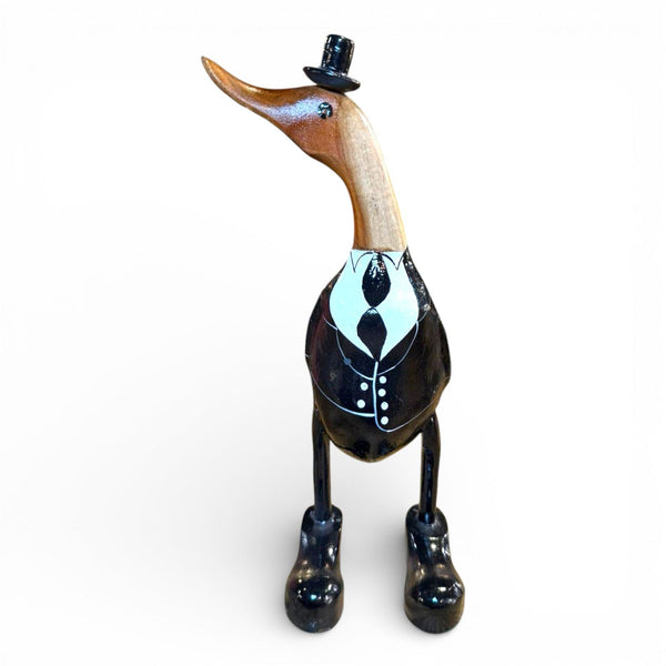 Figura pato con esmoquin en madera reciclada