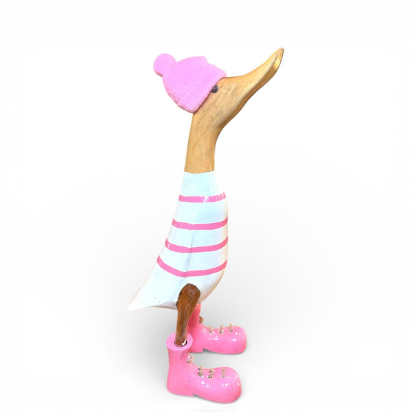 Pato decorativo de madera artesanal con gorro rosa