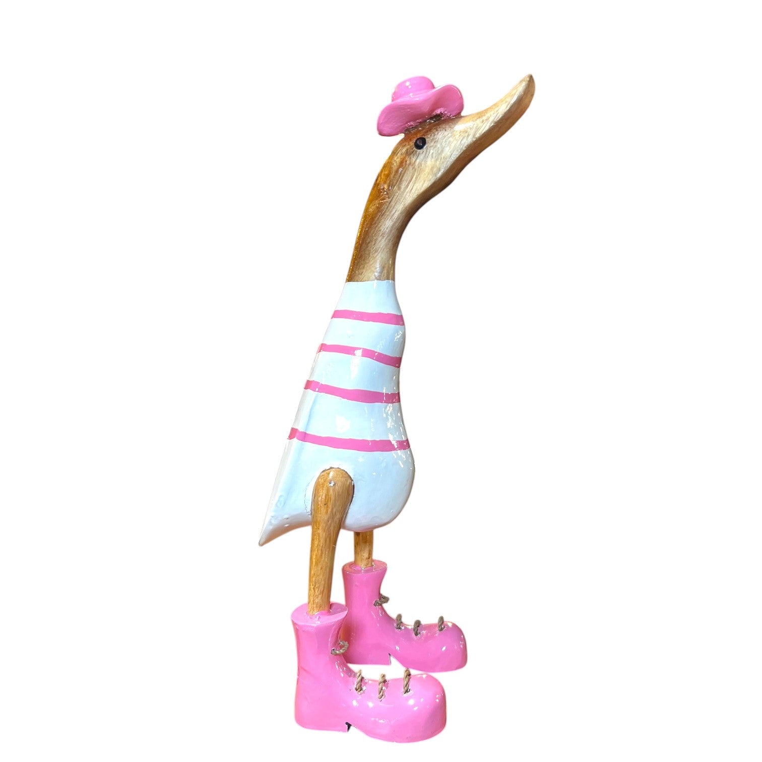 Pato de madera artesanal con sombrero y botas rosas – artesanía Indonesia en teca reciclada