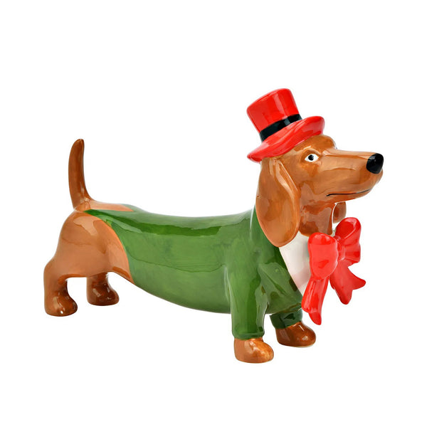 figura decorativa navideña perro salchicha con sombrero Brocantia