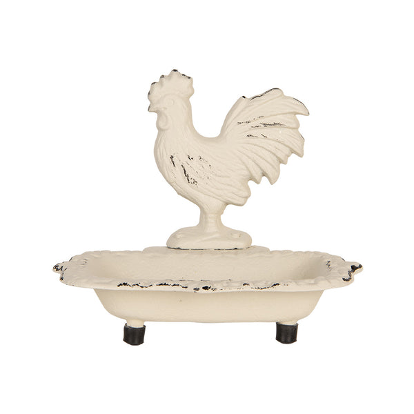 Jabonera vintage de hierro color crema con gallo decorativo