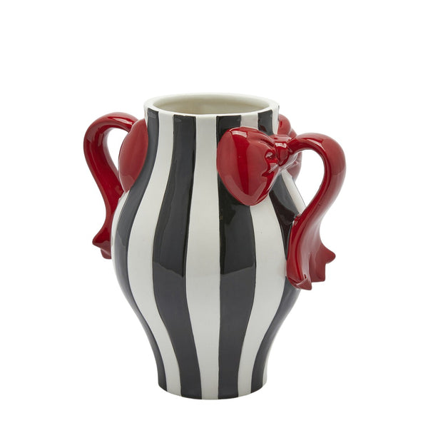 jarrón navideño de cerámica a rayas con asas rojas