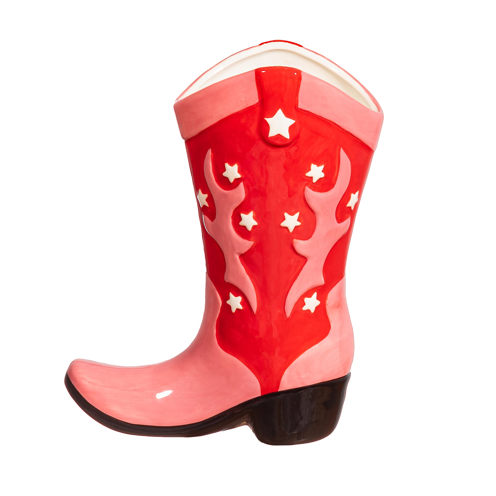 Florero de cerámica en forma de bota vaquera rosa y roja con diseño western y estrellas decorativas