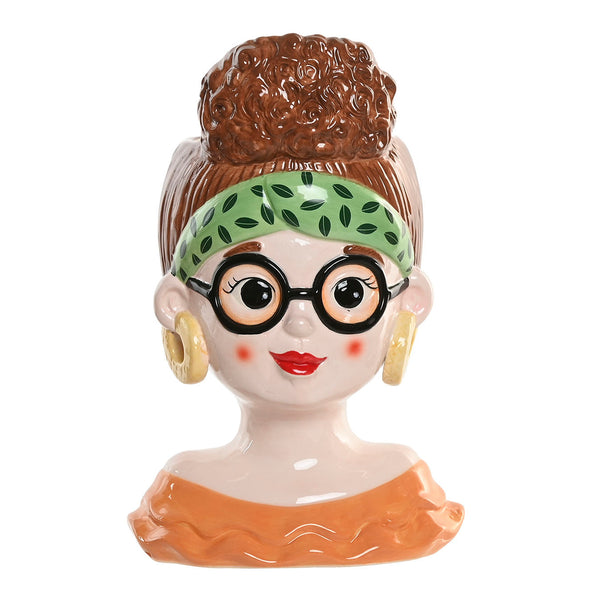 Jarrón de cerámica con forma de mujer y gafas vintage.