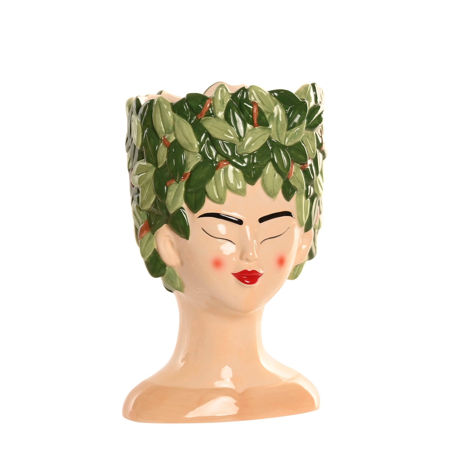 Jarrón decorativo cerámica cabeza femenina con hojas verdes estilo mediterráneo frontal