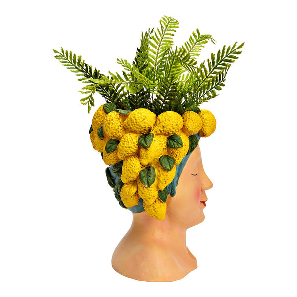Vista lateral jarrón busto siciliano con limones y detalle decorativo