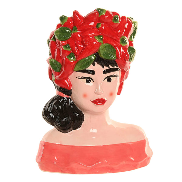 Jarrón decorativo de cerámica con forma de mujer y tocado de guindillas rojas.