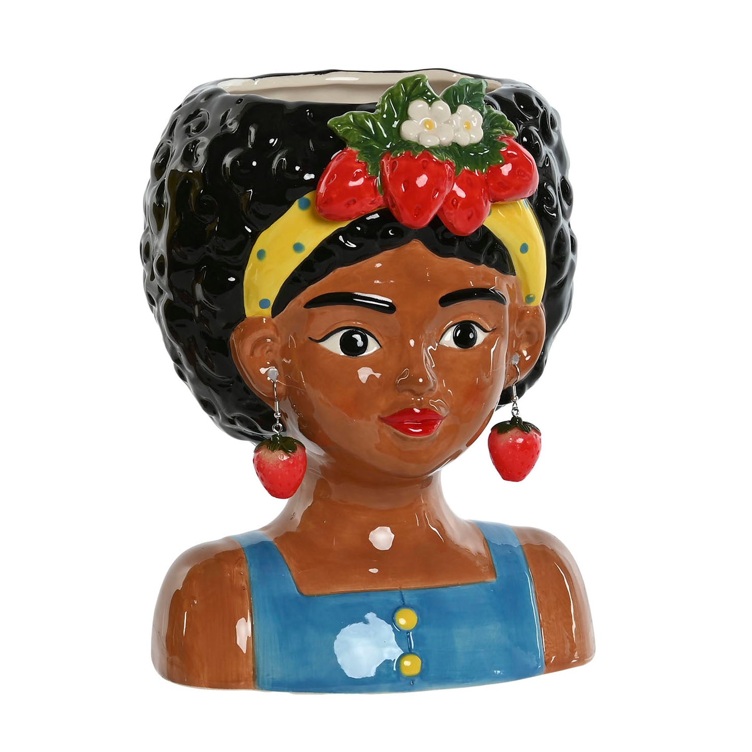 "Jarrón de cerámica decorativo con forma de cabeza de mujer afro con frutas y pendientes de fresa – Brocantia"